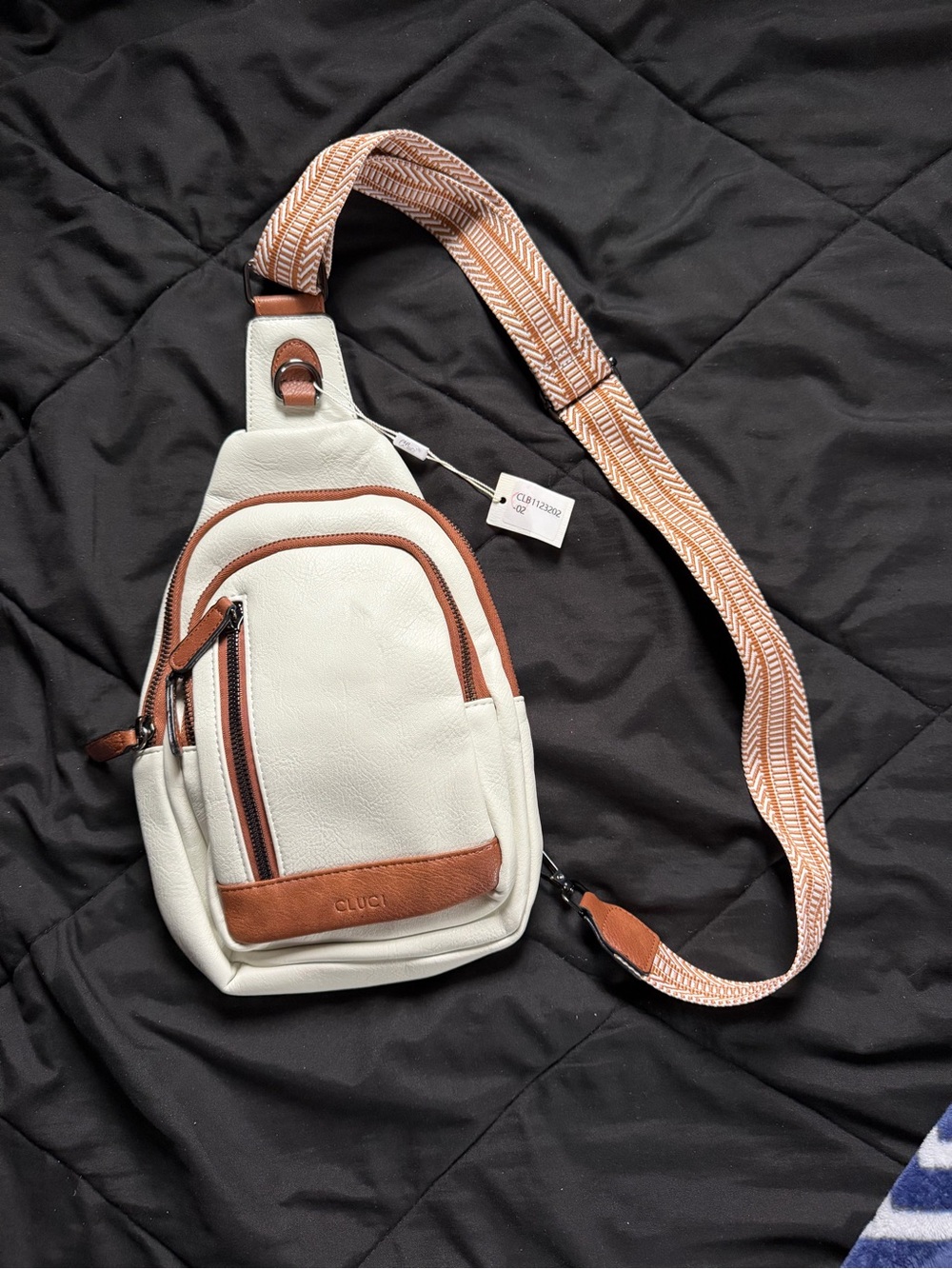 White and Brown Crossbody Sling Bag with Patterned Strap
